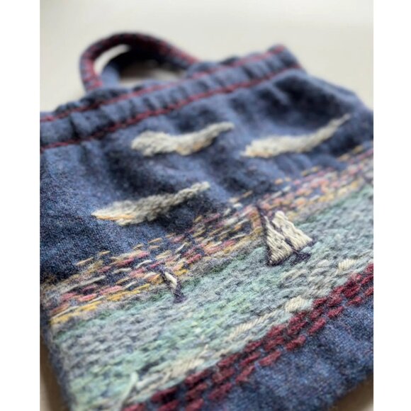 Vintage Handknit Sailboat Handbag | Embroidered Nautical Wool Purse - Picture 5 of 6